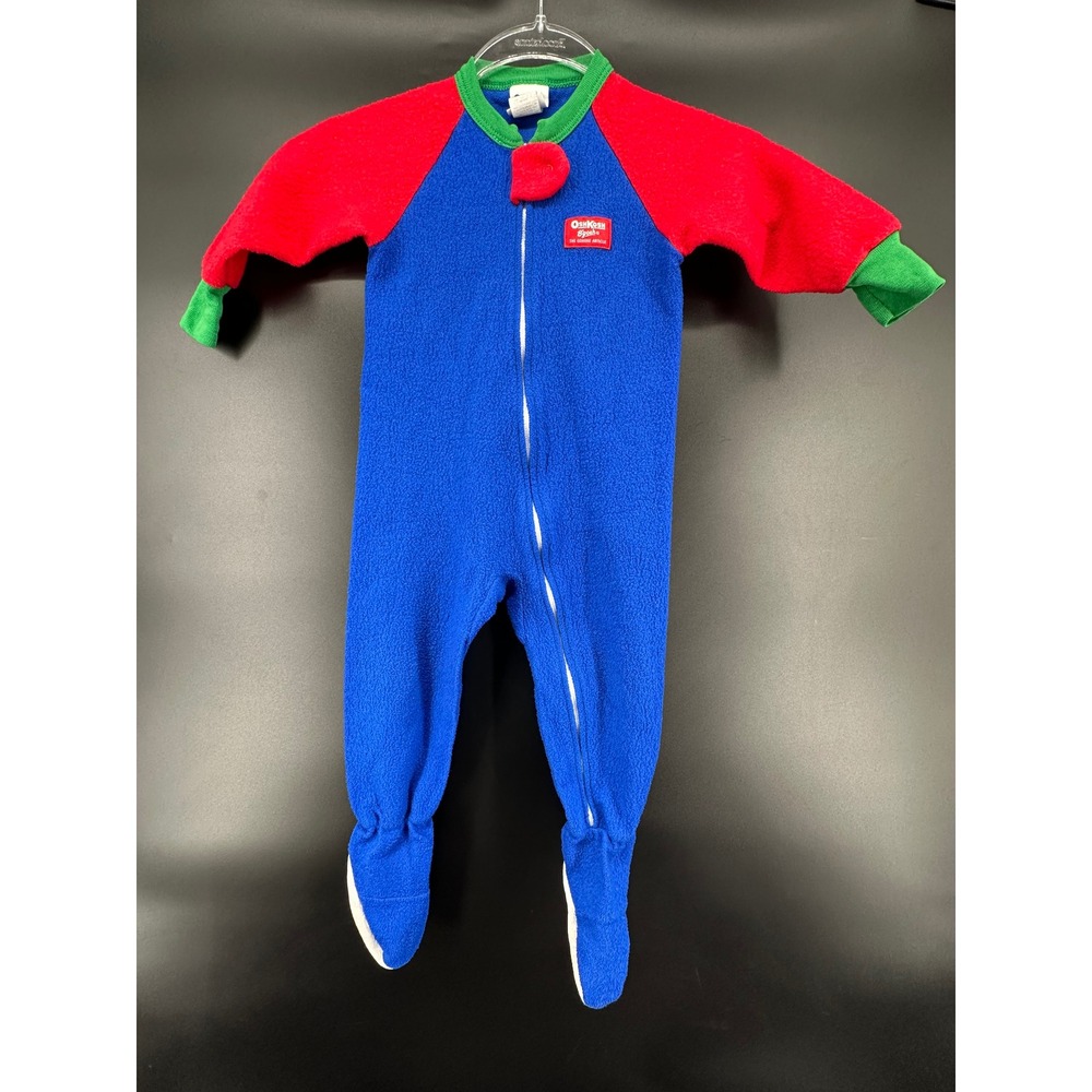 Vintage OshKosh B'gosh Kids Blue Red Green Fleece Footed Sleeper Size 3T